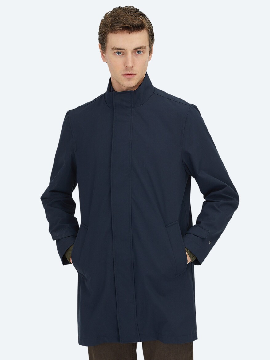 Navy Blue Oversize Fit Double Breasted Collar Casual Weaving Rain Coat - 6