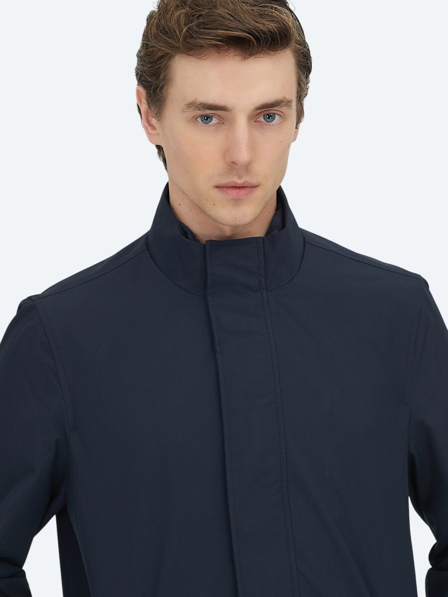 Navy Blue Oversize Fit Double Breasted Collar Casual Weaving Rain Coat - 7
