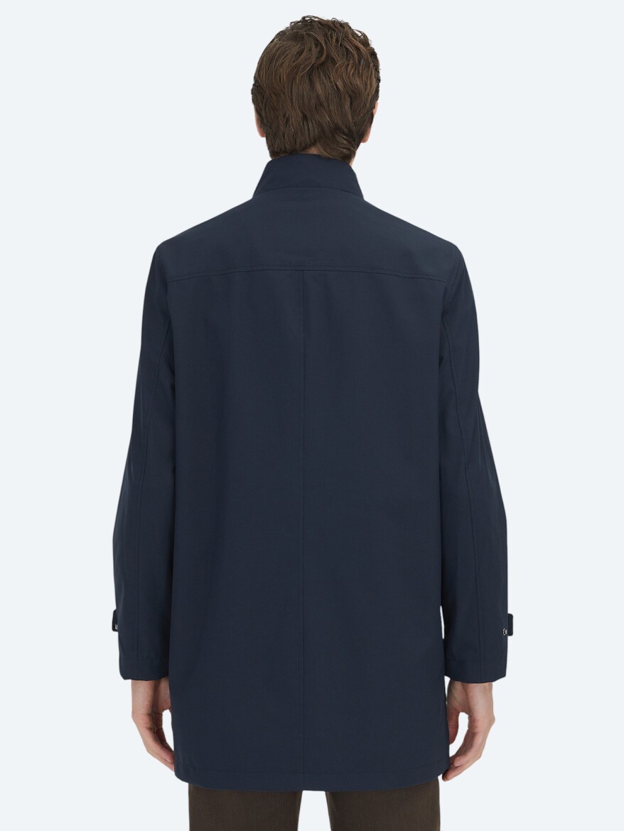 Navy Blue Oversize Fit Double Breasted Collar Casual Weaving Rain Coat - 9