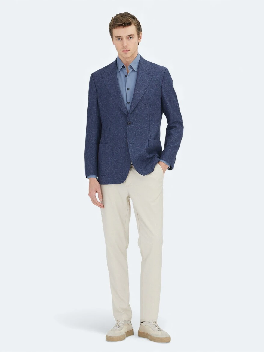 Navy Blue Patterned Comfort Fit Wool Blended Jacket - 2