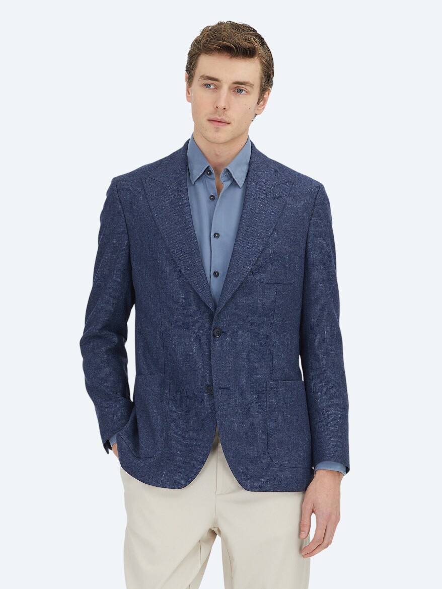 Navy Blue Patterned Comfort Fit Wool Blended Jacket - KİP