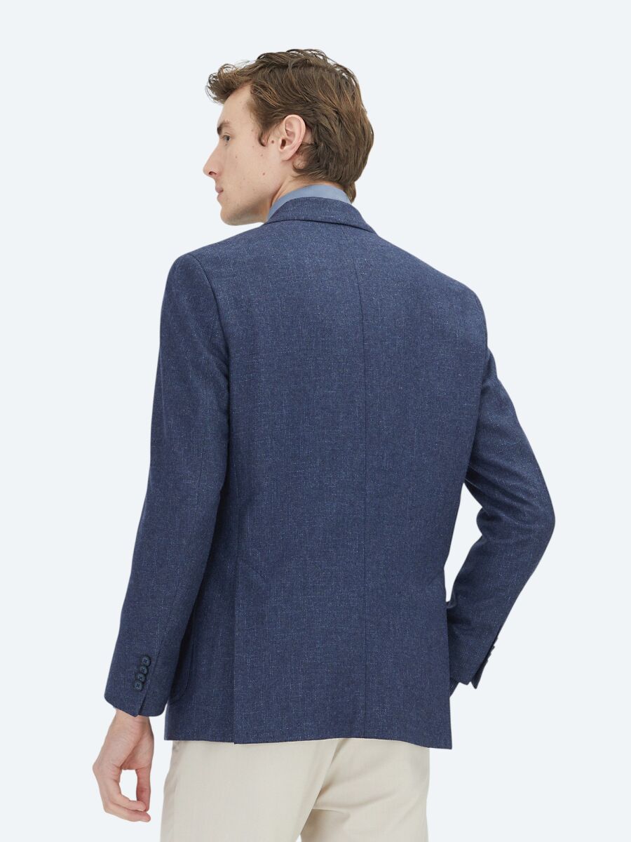 Navy Blue Patterned Comfort Fit Wool Blended Jacket - 4