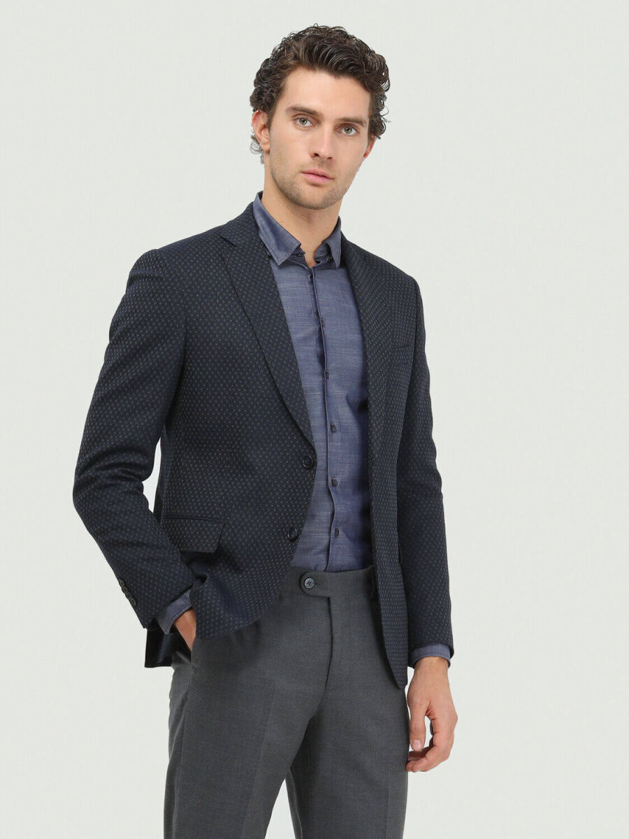 Navy Blue Patterned Fitted Fit Wool Blended Jacket - 1