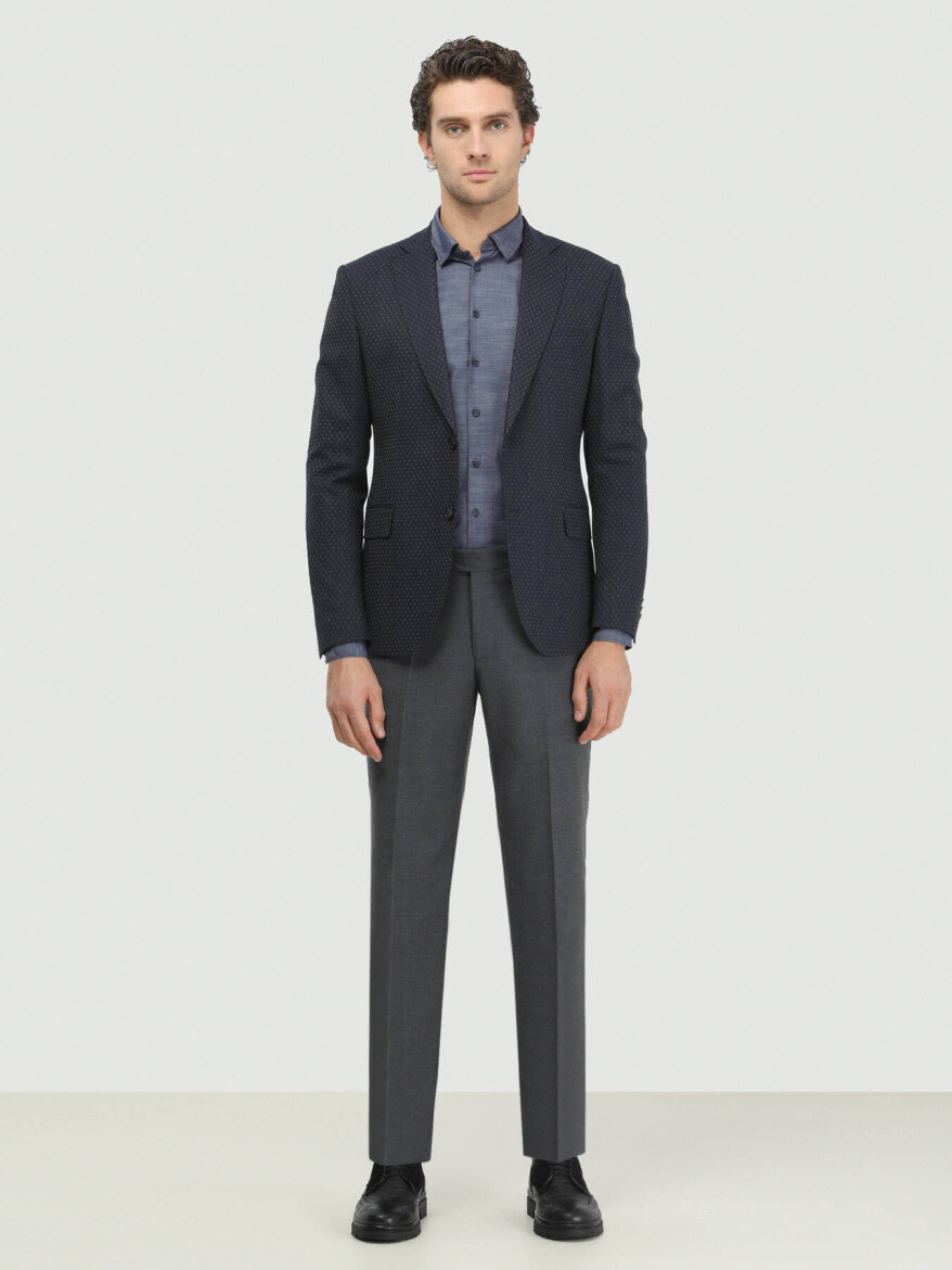 Navy Blue Patterned Fitted Fit Wool Blended Jacket - 2