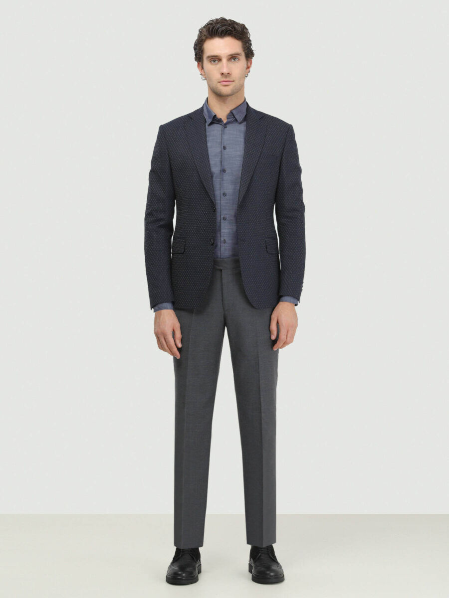 Navy Blue Patterned Fitted Fit Wool Blended Jacket - 2