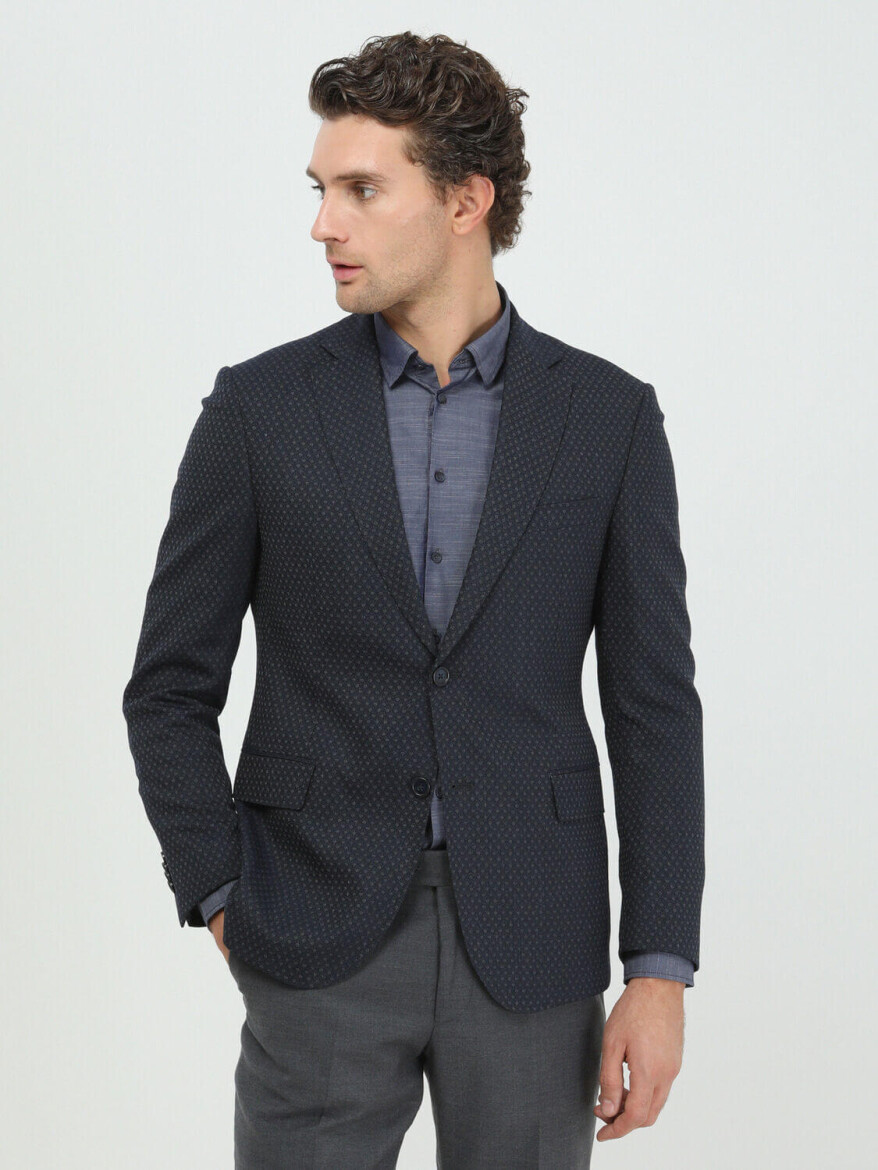 Navy Blue Patterned Fitted Fit Wool Blended Jacket - 3