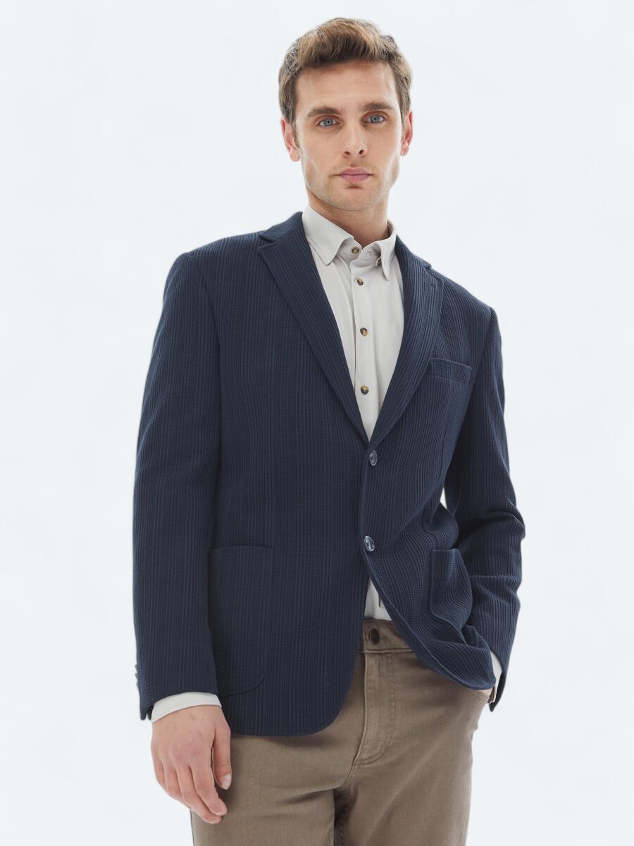 Navy Blue Patterned Modern Fit 100% Cotton Jacket - 1