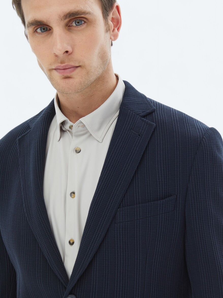 Navy Blue Patterned Modern Fit 100% Cotton Jacket - 4