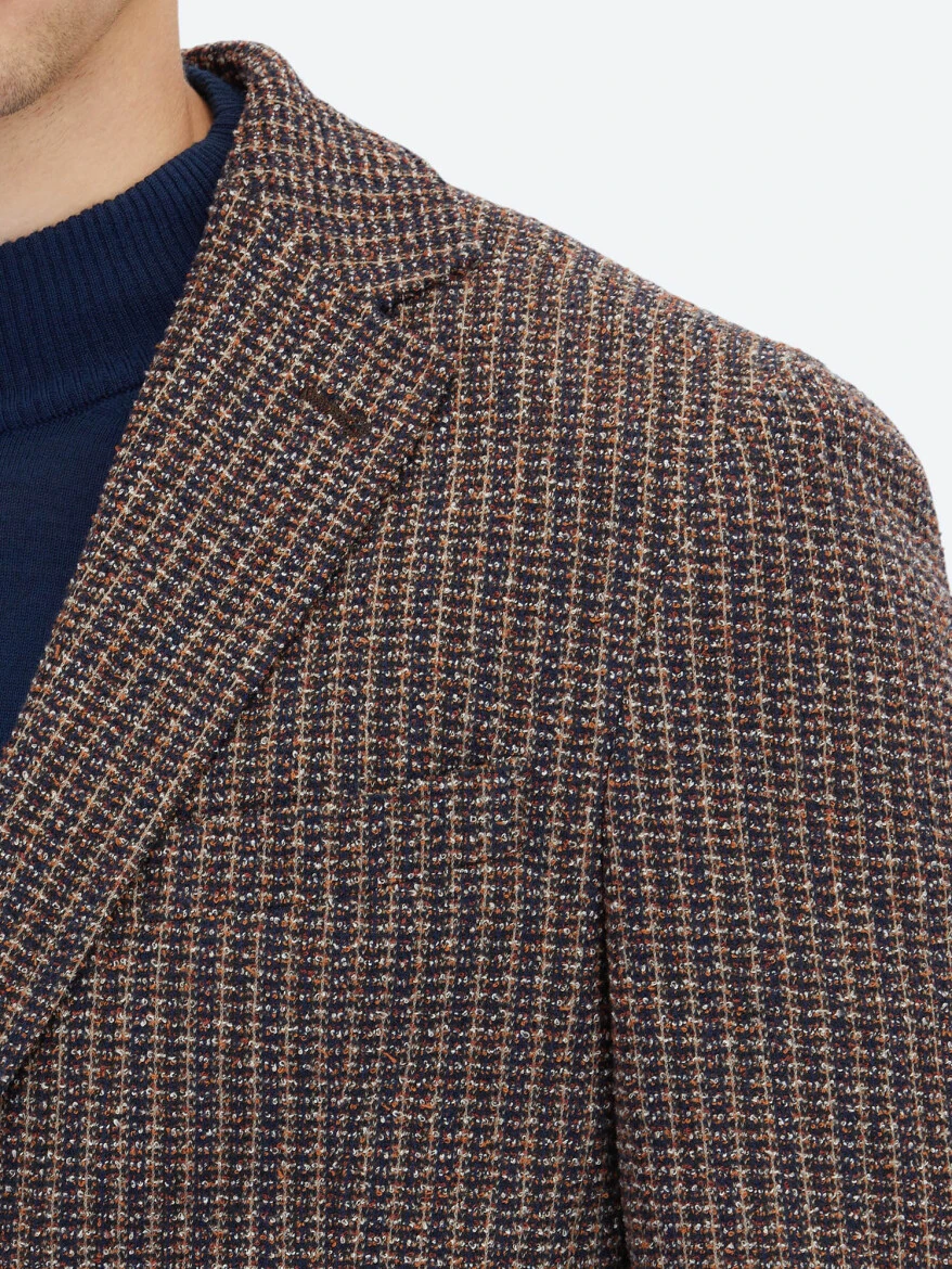 Navy Blue Patterned Modern Fit Cotton Blended Jacket - 4