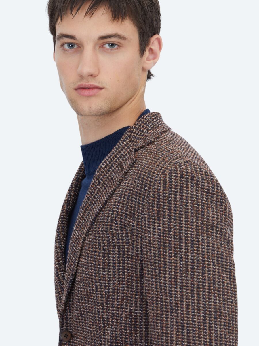 Navy Blue Patterned Modern Fit Cotton Blended Jacket - 5