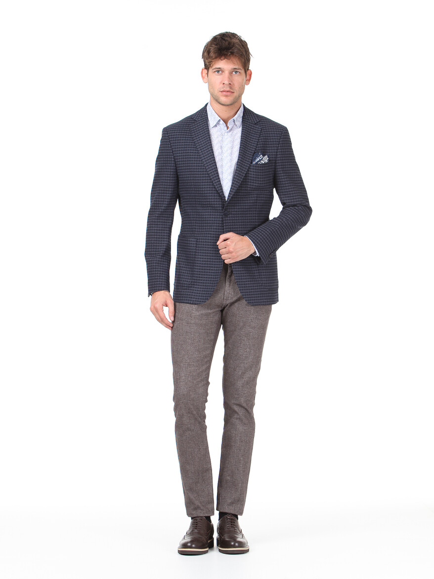 Navy Blue Patterned Modern Fit Jacket - 3