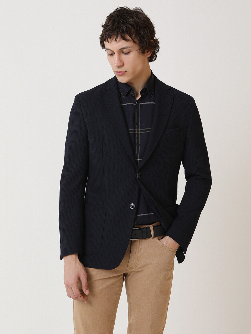 Navy Blue Patterned Modern Fit Jacket - 1