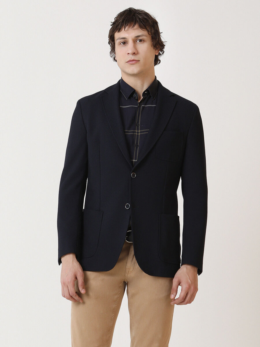 Navy Blue Patterned Modern Fit Jacket - 2