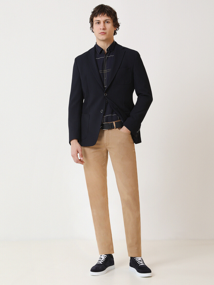 Navy Blue Patterned Modern Fit Jacket - 4