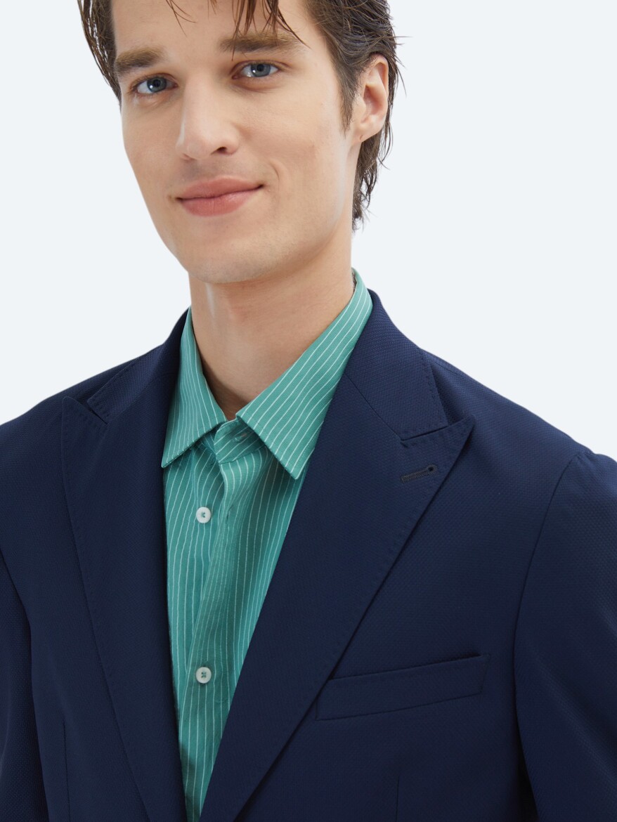 Navy Blue Patterned Modern Fit Jacket - 4