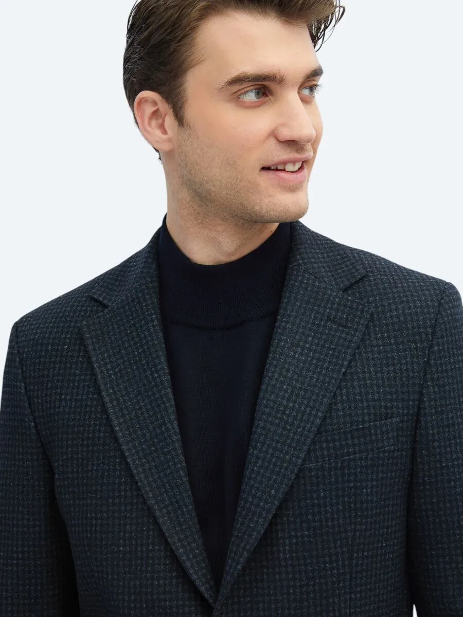 Navy Blue Patterned Modern Fit Jacket - 3