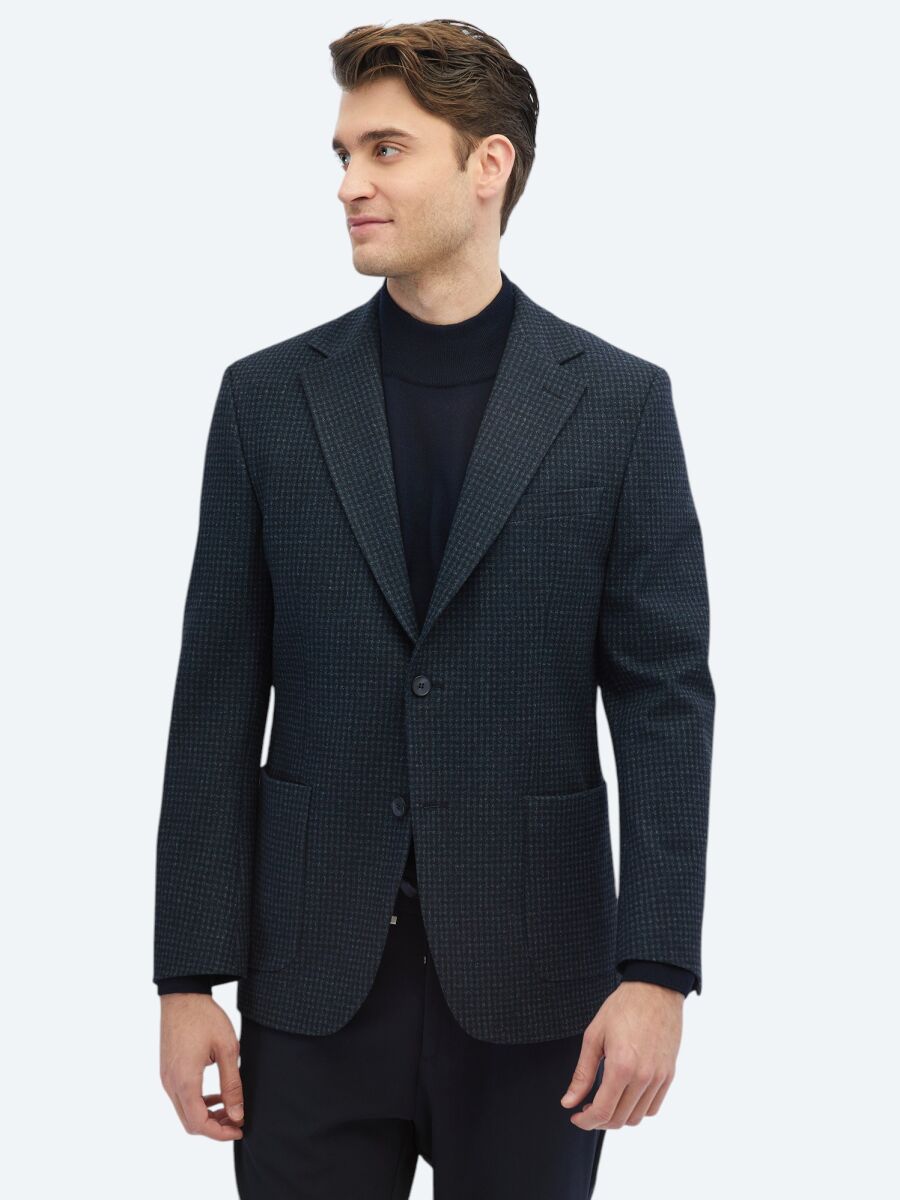 Navy Blue Patterned Modern Fit Jacket - 1