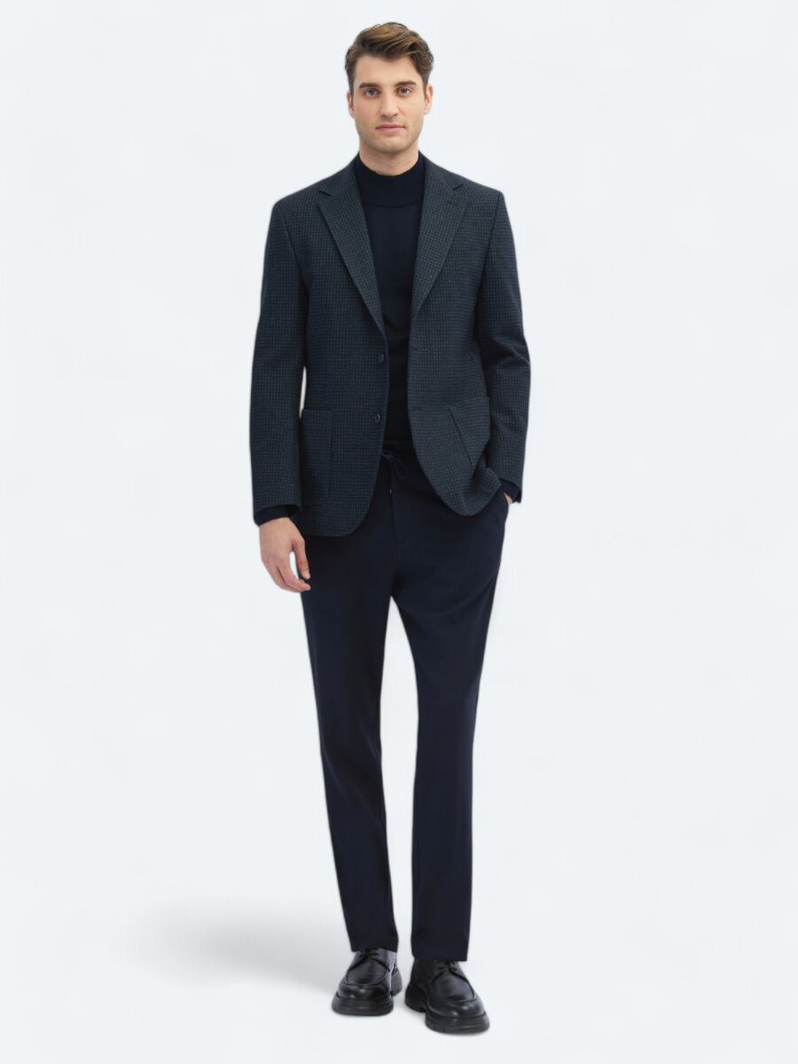 Navy Blue Patterned Modern Fit Jacket - 2