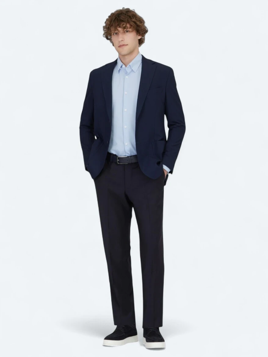 Navy Blue Patterned Modern Fit Jacket - KİP