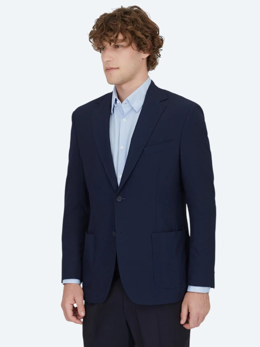Navy Blue Patterned Modern Fit Jacket - KİP