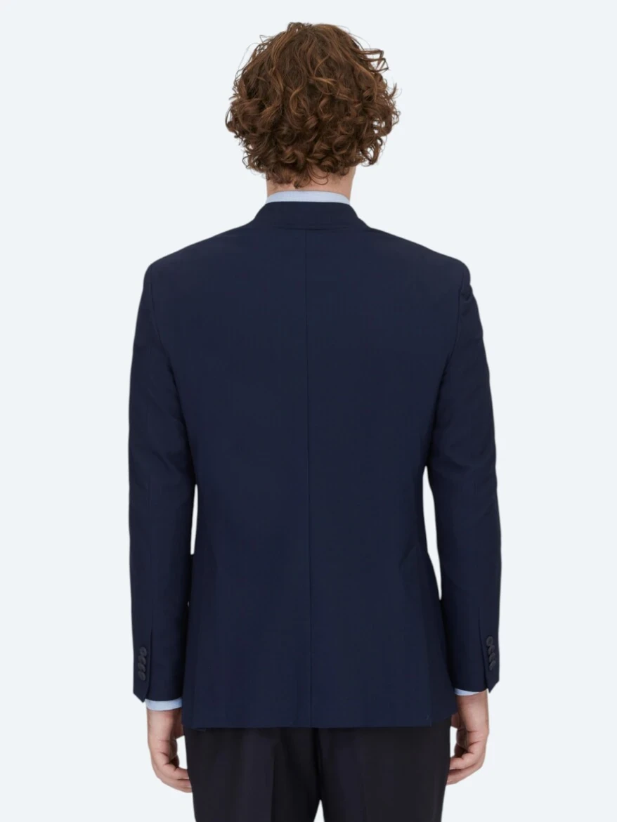 Navy Blue Patterned Modern Fit Jacket - 5