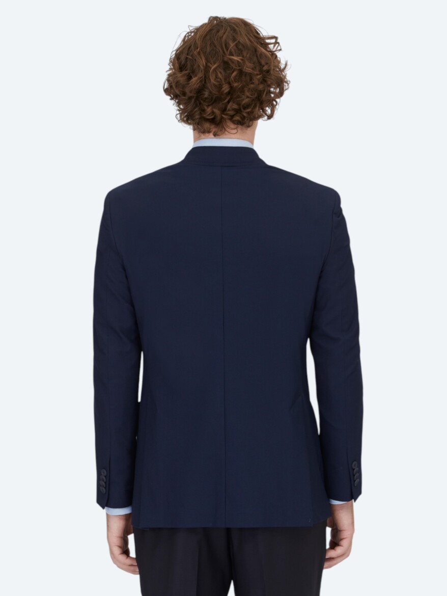 Navy Blue Patterned Modern Fit Jacket - 5