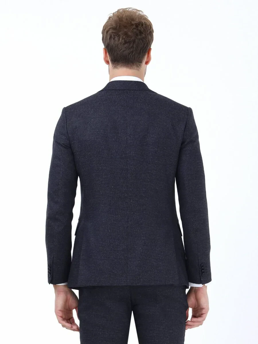 Navy Blue Patterned Modern Fit Suit - 5