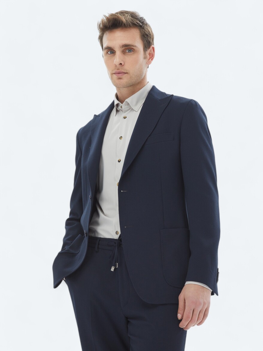 Navy Blue Patterned Modern Fit Suit 