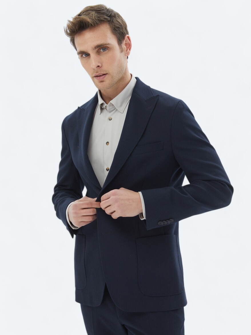 Navy Blue Patterned Modern Fit Suit - 3