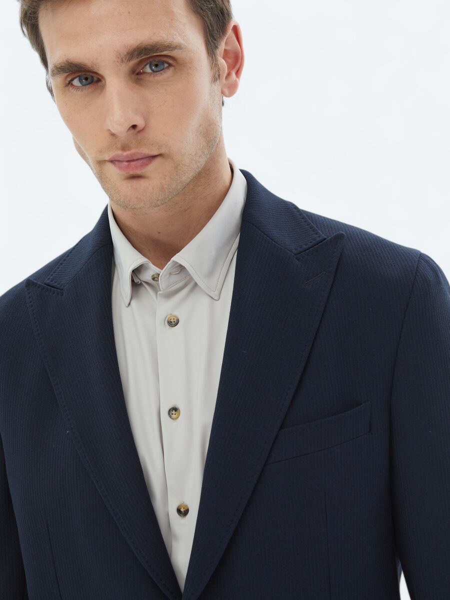 Navy Blue Patterned Modern Fit Suit - 5