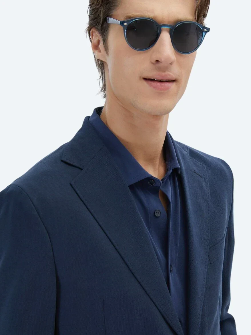 Navy Blue Patterned Modern Fit Suit - 4