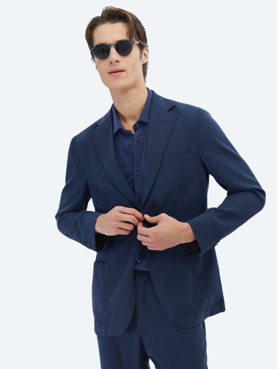 Navy Blue Patterned Modern Fit Suit - 3