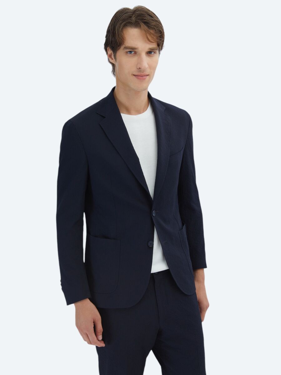 Navy Blue Patterned Modern Fit Suit - 1