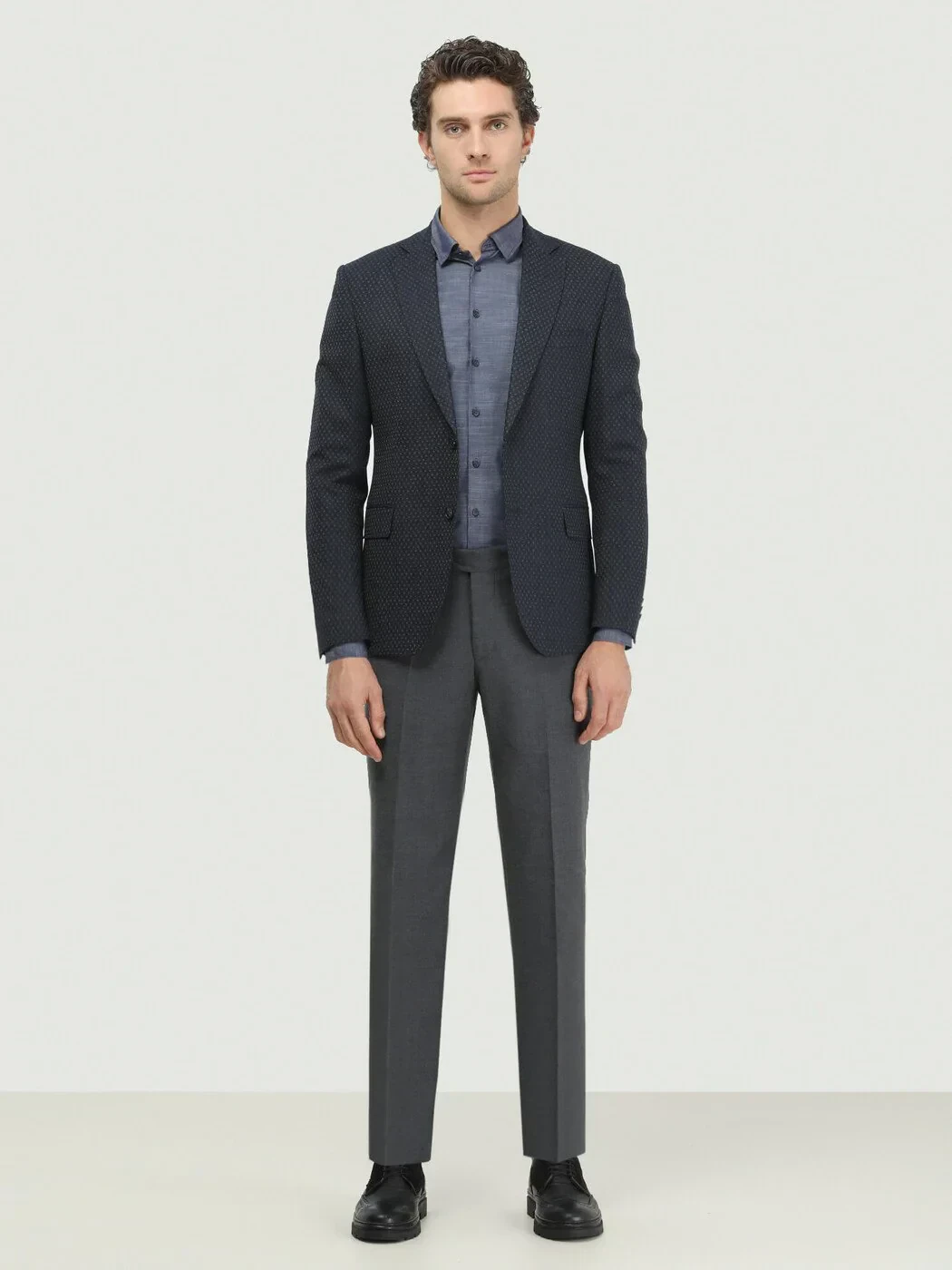 Navy Blue Patterned Modern Fit Wool Blended Jacket - 2