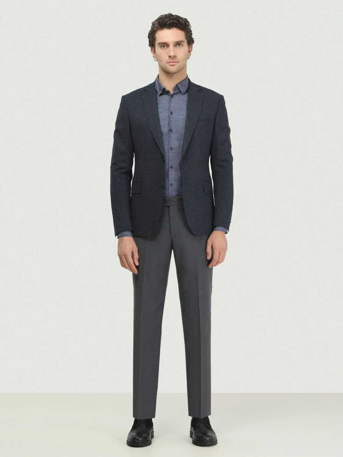 Navy Blue Patterned Modern Fit Wool Blended Jacket - 2