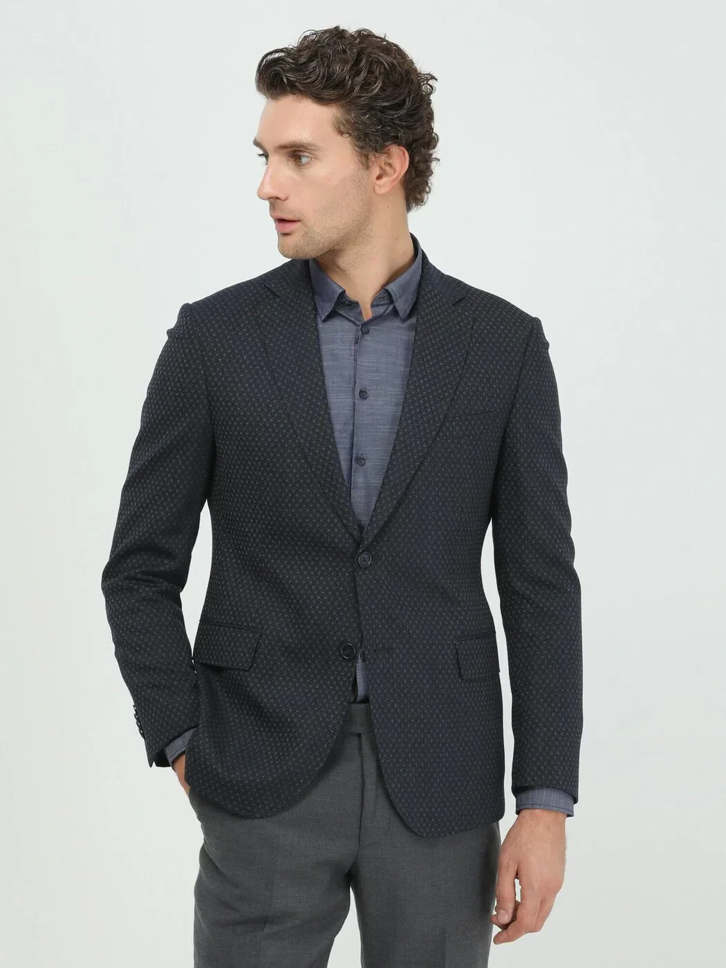 Navy Blue Patterned Modern Fit Wool Blended Jacket - 3