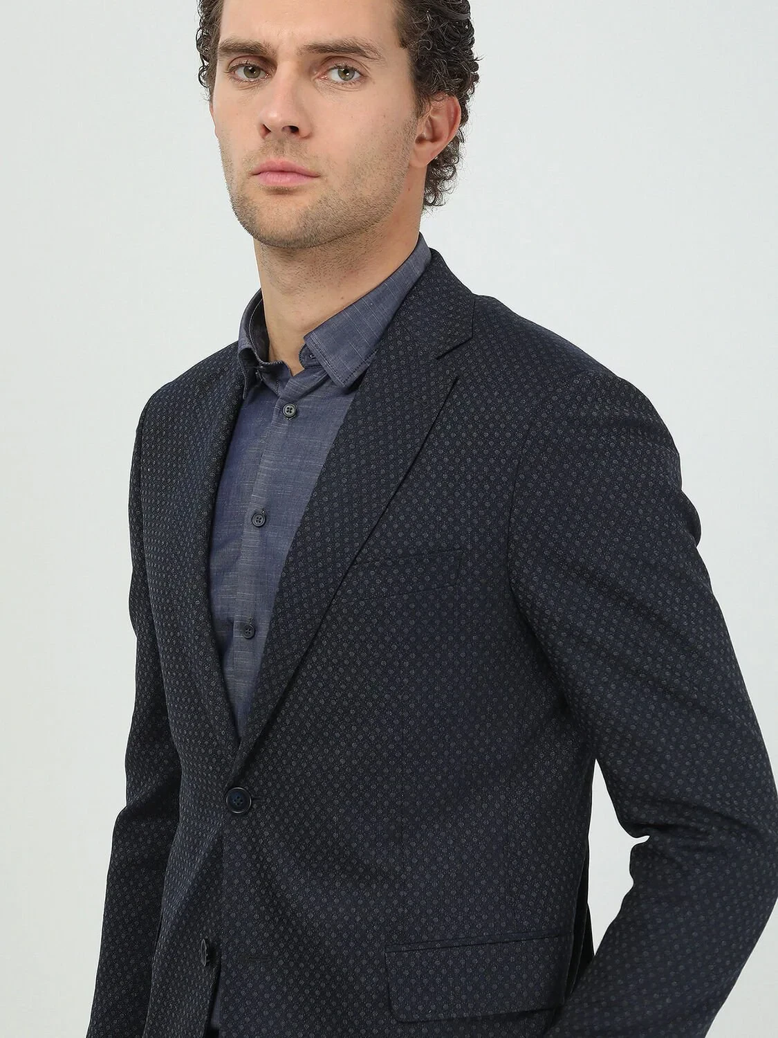 Navy Blue Patterned Modern Fit Wool Blended Jacket - 4