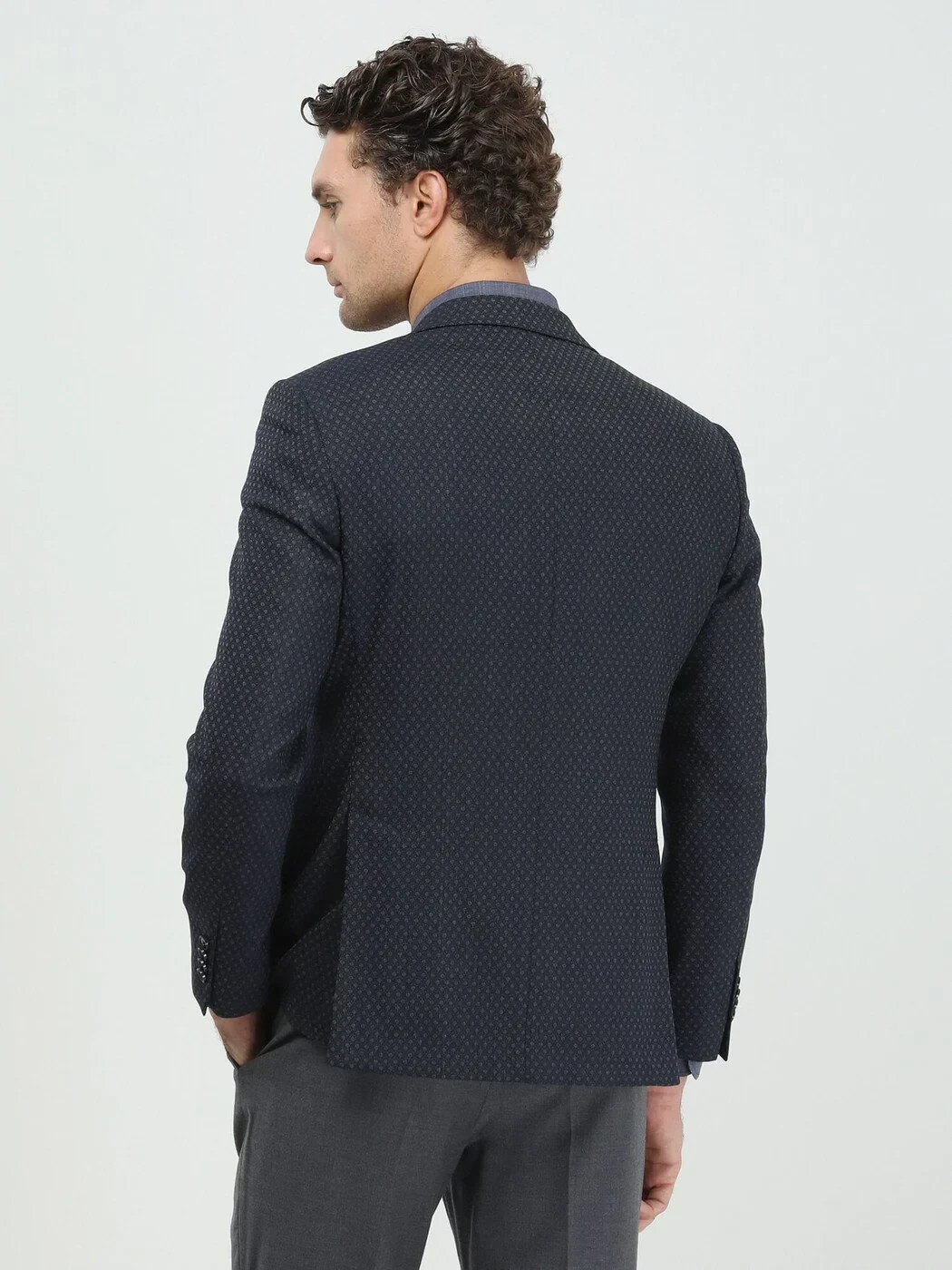 Navy Blue Patterned Modern Fit Wool Blended Jacket - 5