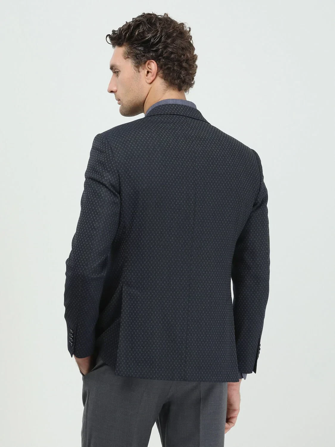 Navy Blue Patterned Modern Fit Wool Blended Jacket - 5