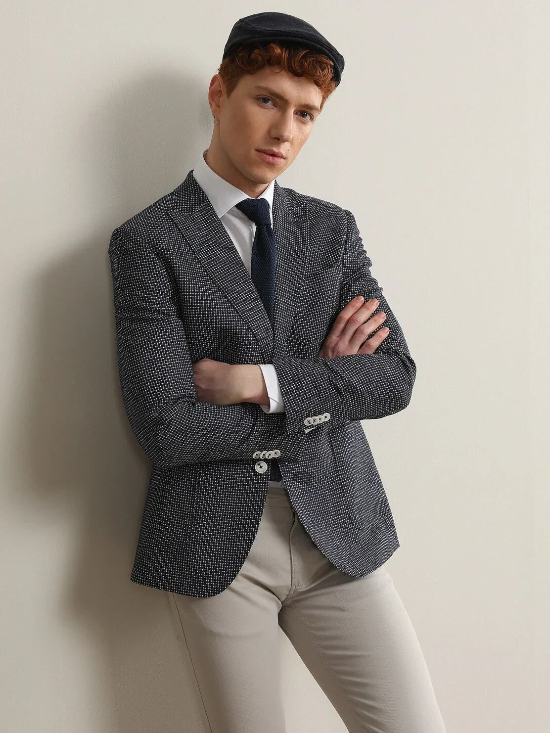 Navy Blue Patterned Modern Fit Wool Blended Jacket - 1