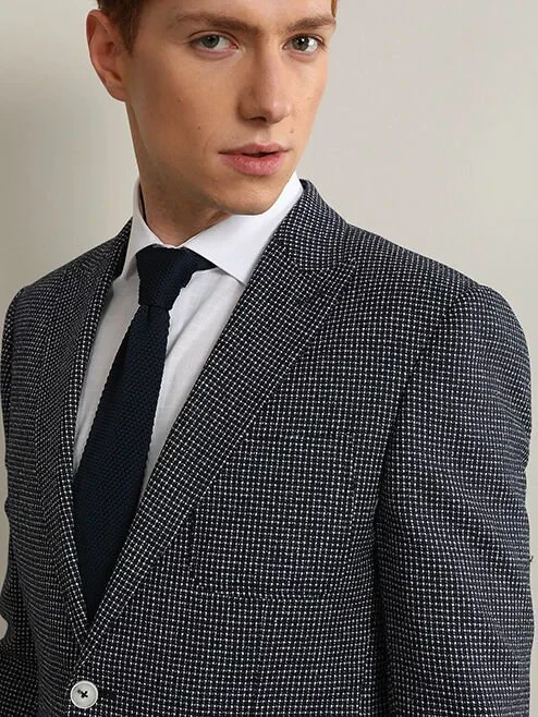 Navy Blue Patterned Modern Fit Wool Blended Jacket - 2