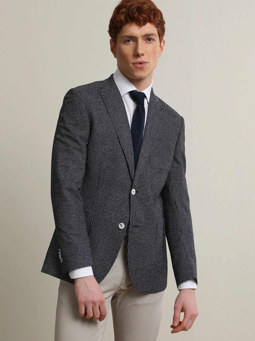 Navy Blue Patterned Modern Fit Wool Blended Jacket - 3