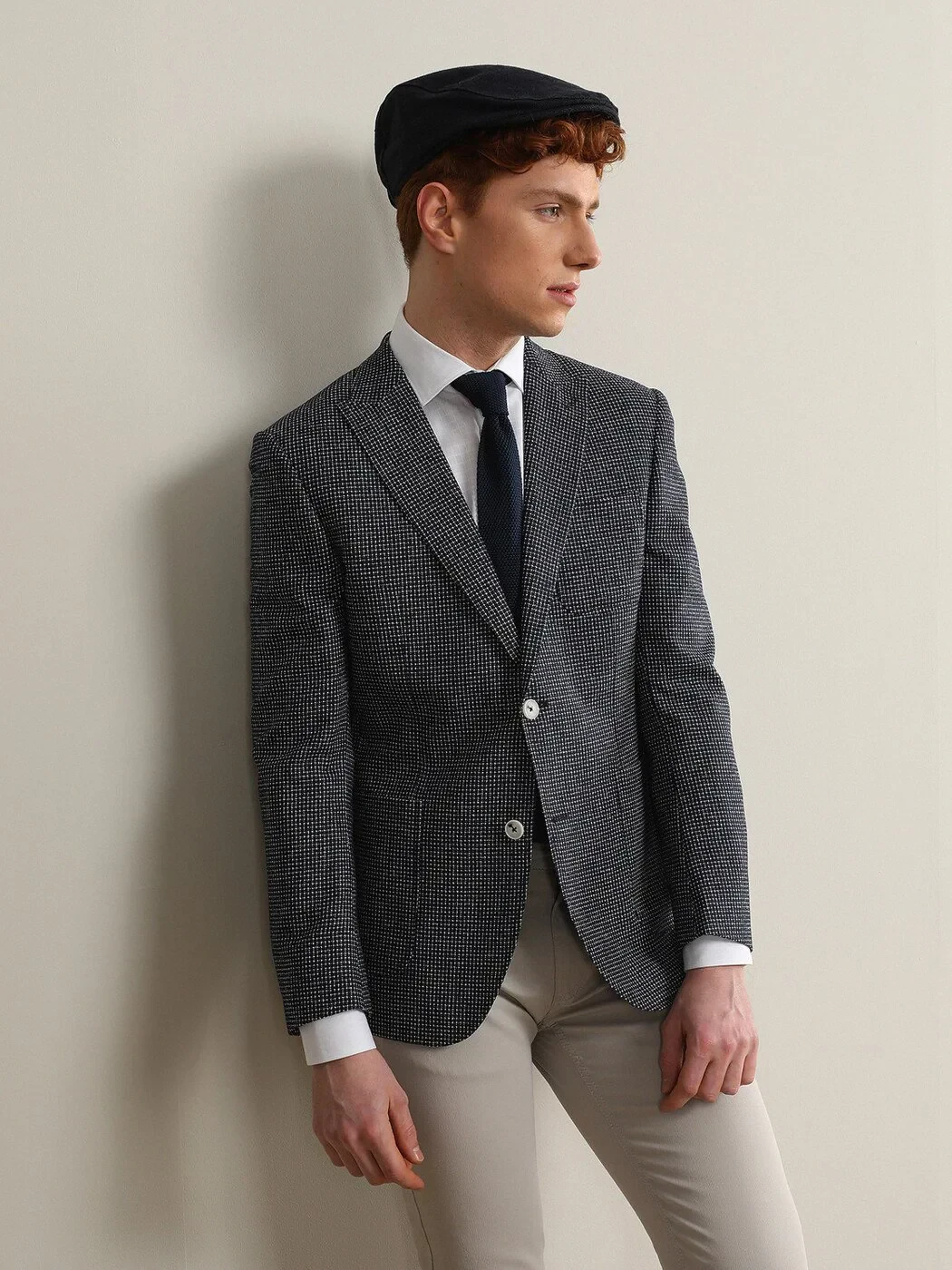 Navy Blue Patterned Modern Fit Wool Blended Jacket - 4