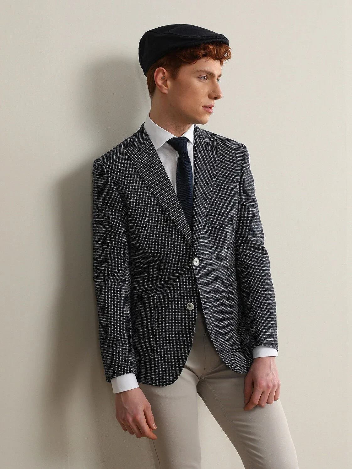 Navy Blue Patterned Modern Fit Wool Blended Jacket - 4