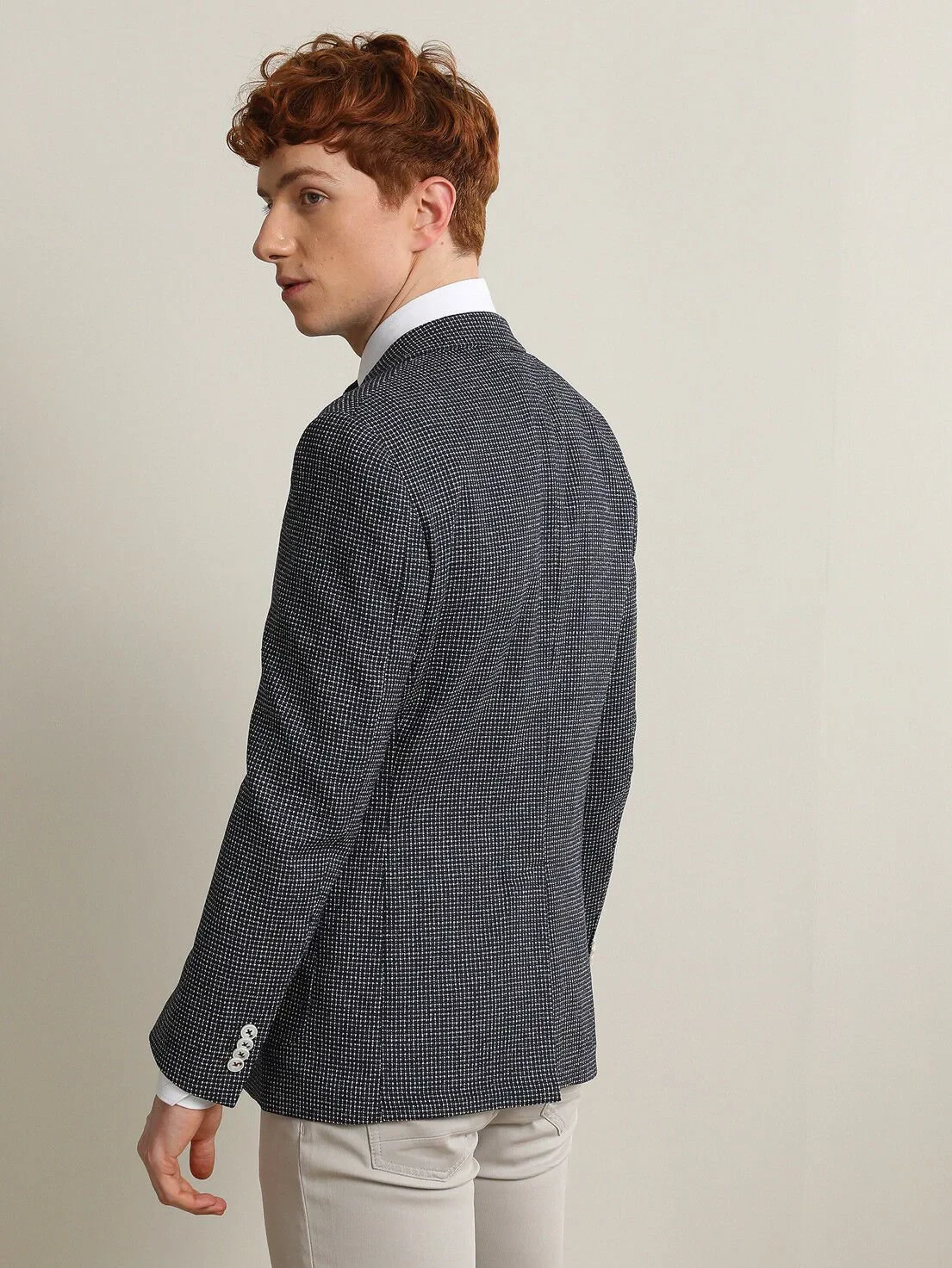 Navy Blue Patterned Modern Fit Wool Blended Jacket - 5