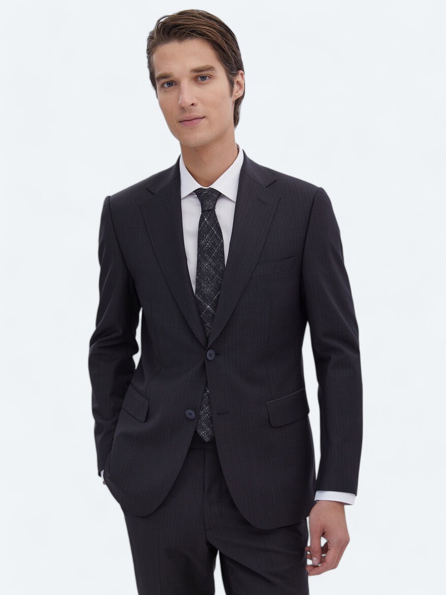 Navy Blue Patterned Modern Fit Wool Blended Suit - 1