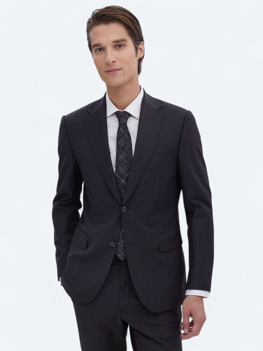Navy Blue Patterned Modern Fit Wool Blended Suit - 1