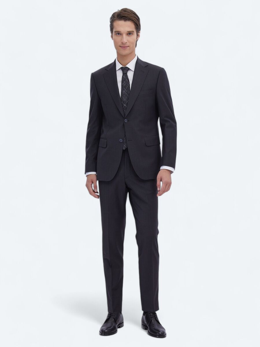 Navy Blue Patterned Modern Fit Wool Blended Suit - 2