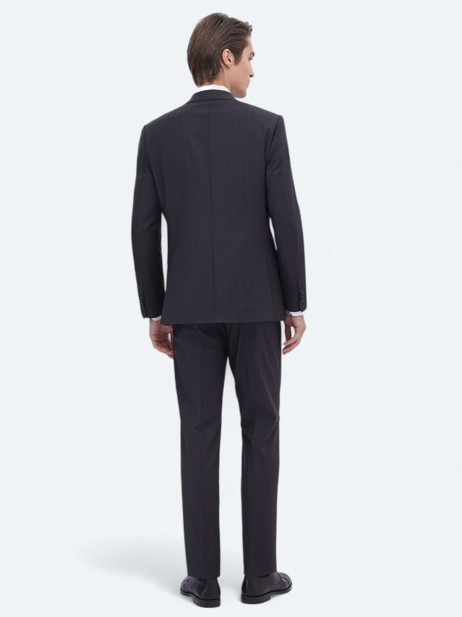 Navy Blue Patterned Modern Fit Wool Blended Suit - 5