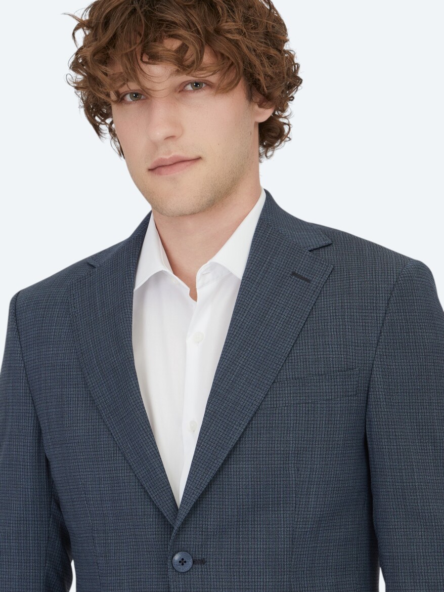 Navy Blue Patterned Modern Fit Wool Blended Suit - 3